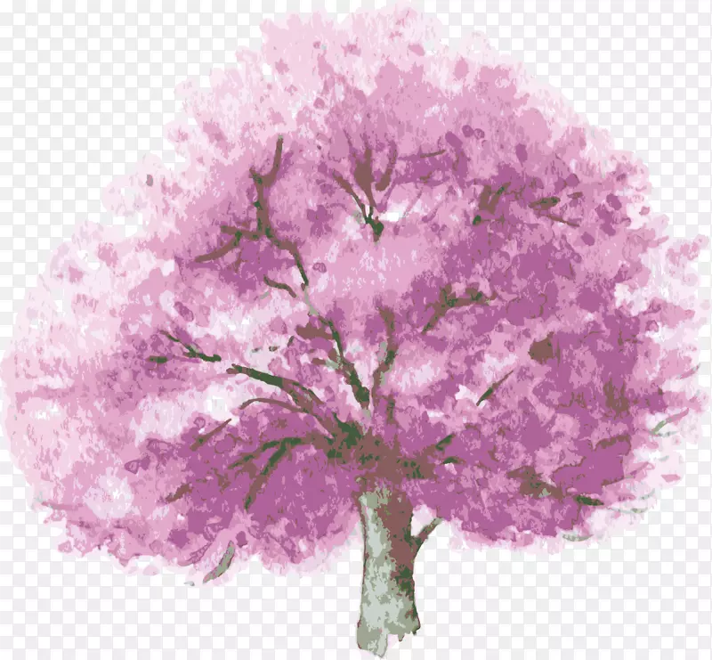 树木水彩画灌木插图.紫色树