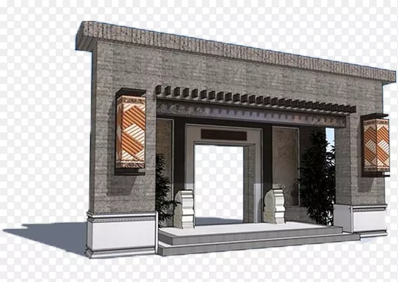 房屋建筑立面铺面栏杆-新中式门模型