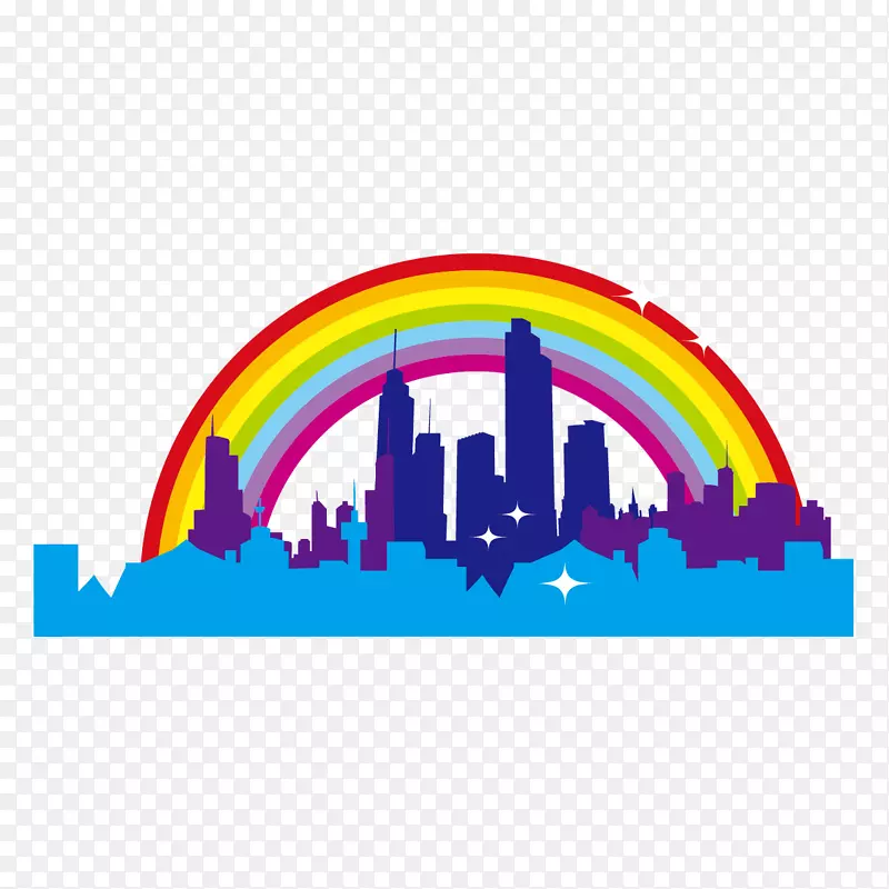 城市天际线摩天大楼轮廓-建筑与彩虹