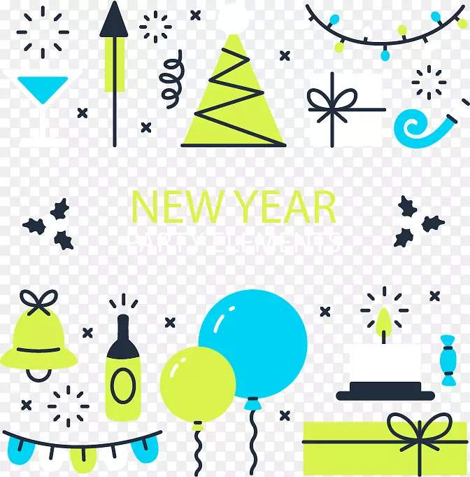 派对新年-蓝绿色新年派对元素