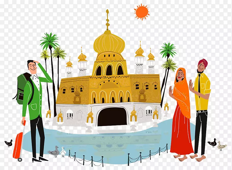 印度清真寺建筑旅游插图-城堡建筑和游客