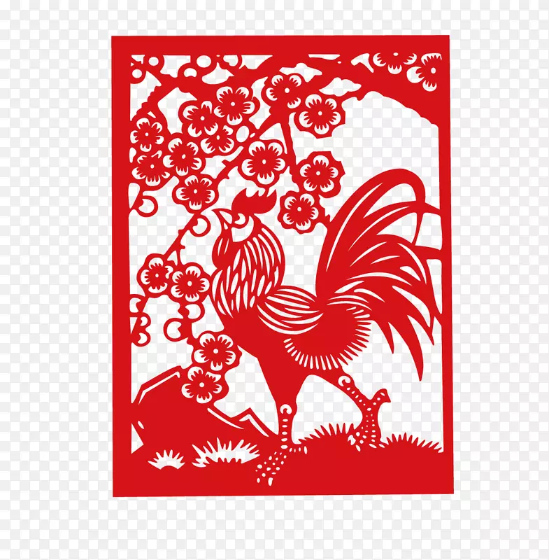 鸡剪纸十二生肖艺术民间剪纸花花和公鸡