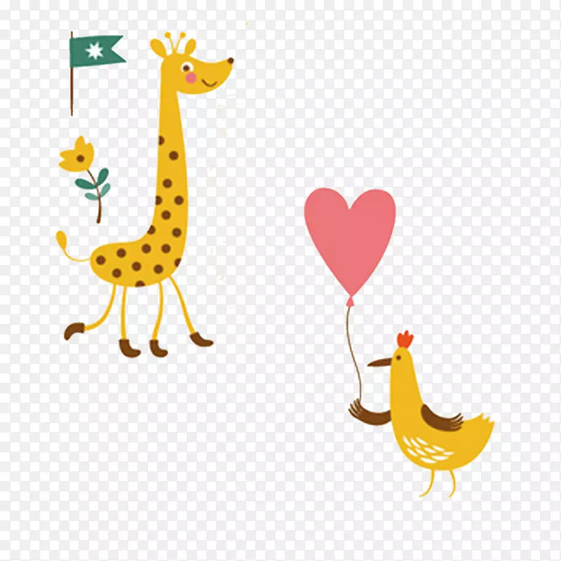 动物可爱剪贴画.卡通长颈鹿和抱着气球的公鸡