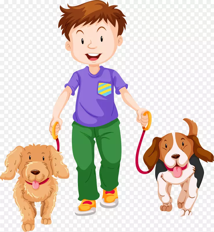 狗散步夹艺术-卡通男孩，宠物狗