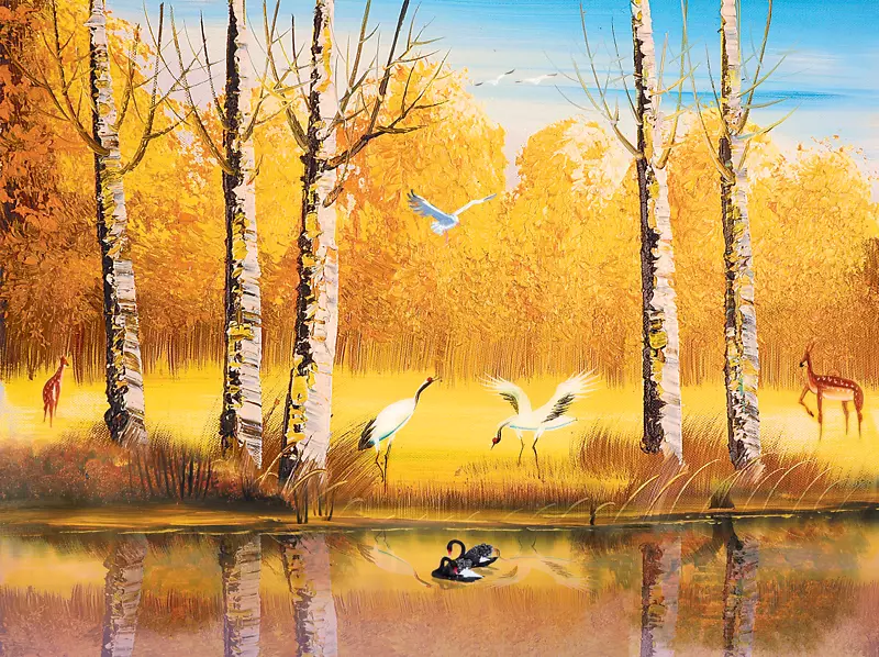 壁纸壁画-秋日美丽天鹅游泳创作背景