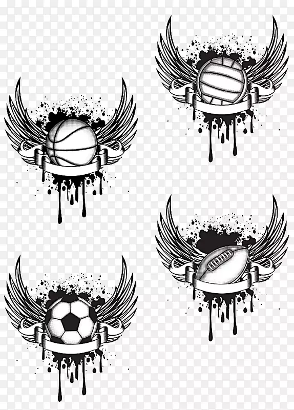 纹身排球橄榄球美式足球-翅膀和球