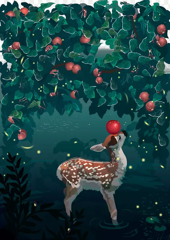 驯鹿圣诞树苹果手绘背景图案苹果鹿