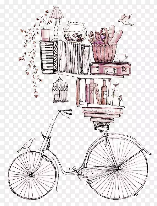 版画绘画艺术插图.棕色简单自行车书籍装饰图案