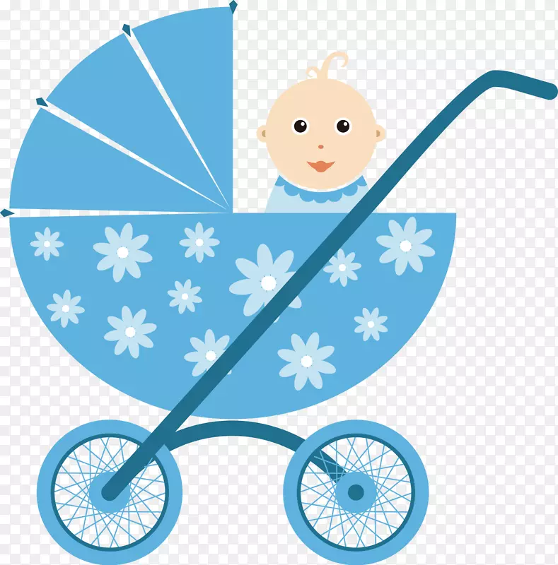 婴儿剪贴画.手绘蓝色婴儿车图案