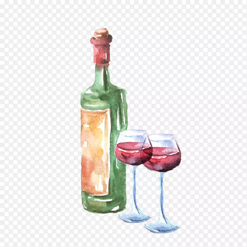 红酒杯利口酒瓶.手绘酒瓶和酒杯