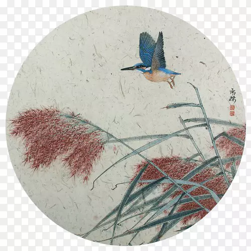 鸟类画芦苇水彩画-红色芦苇和翅膀