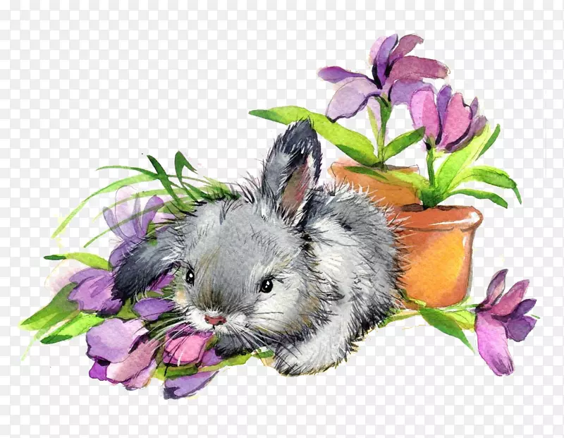 兔有趣的兔子花画复古兔-卡通兔