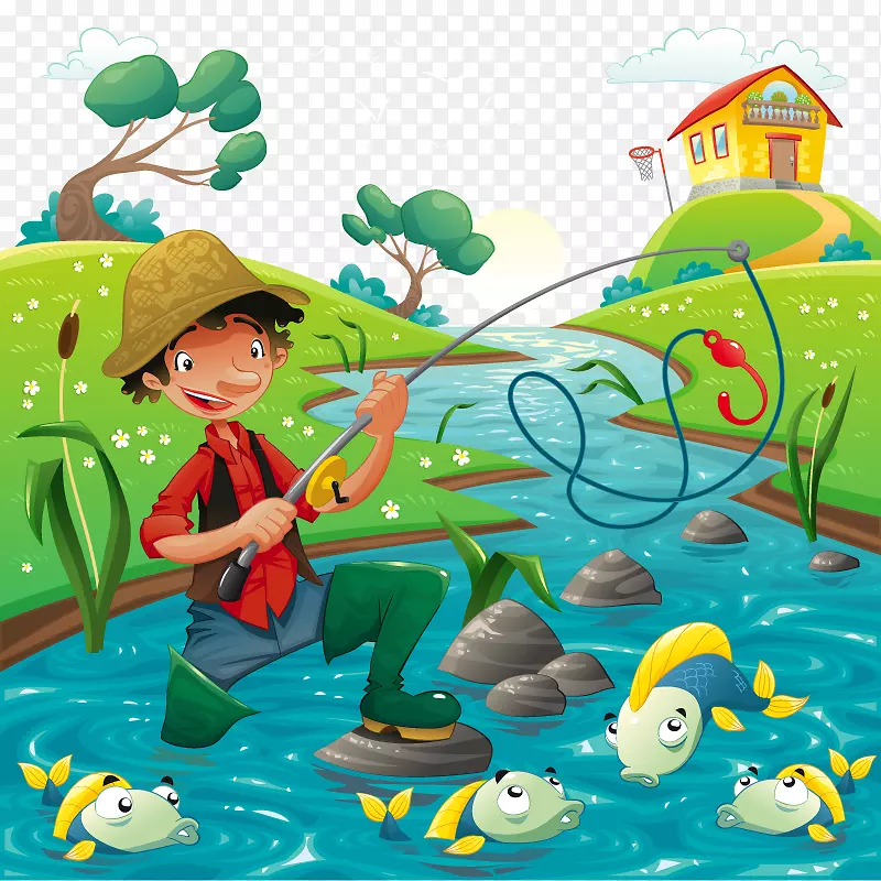 卡通渔民插图-捕鱼