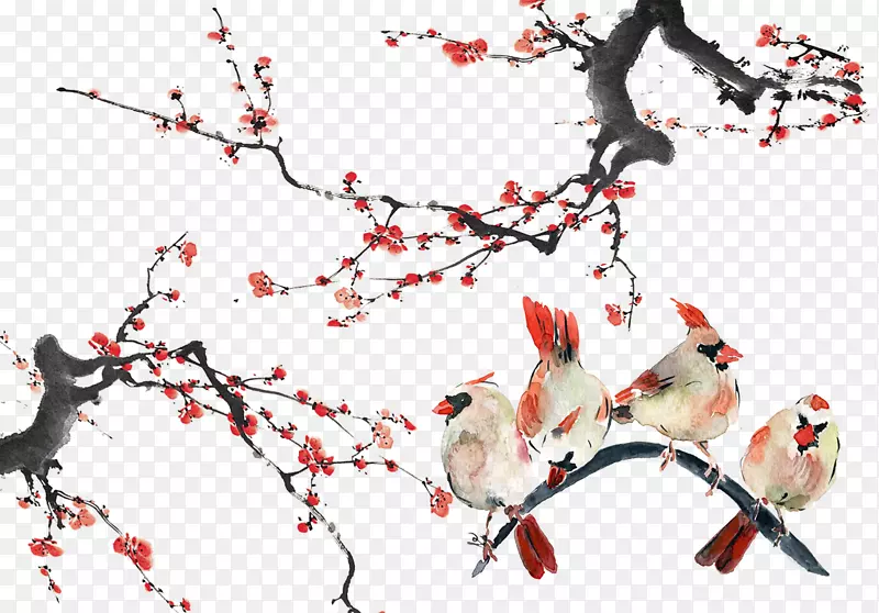 鸟水彩画-树枝鸟