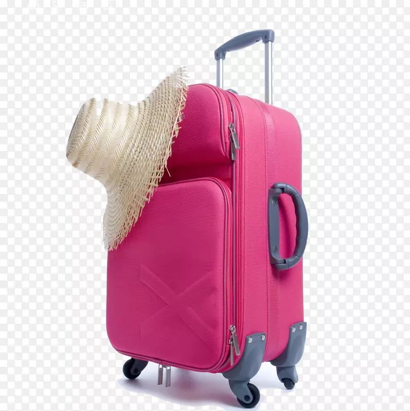 航空旅行代理商行李箱.粉红色草帽和手提箱