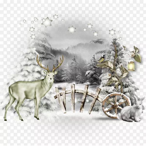 驯鹿冬季圣诞画-卡通白雪鹿
