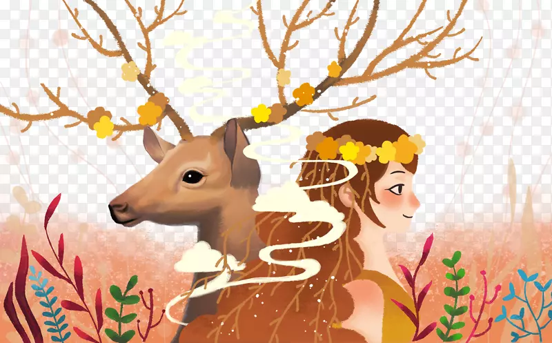 驯鹿下载插图-插图鹿和女孩免费下载