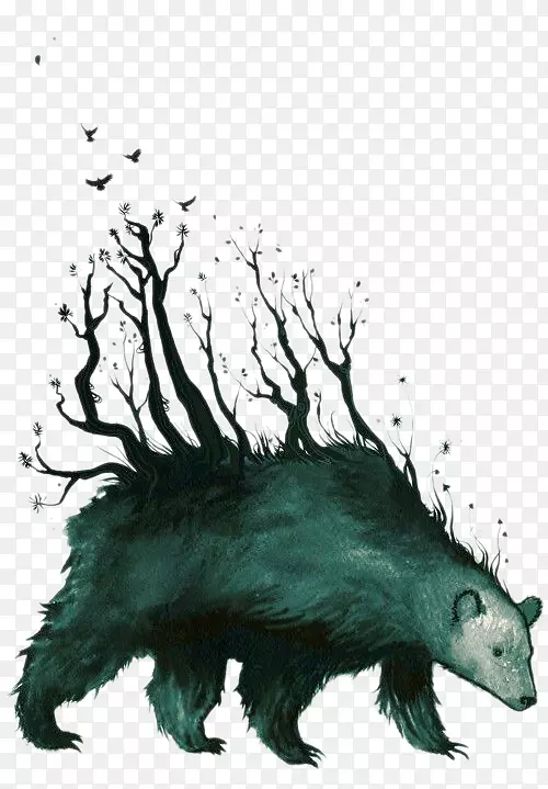 卡莱瓦拉·萨伦克尔赛熊民俗插图-创意插图-熊、树枝和鸟类