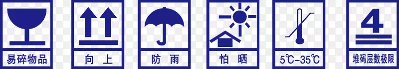 徽标盒标志，灯火通明，怕阳光，酷热难耐，怕下雨，标志潮湿，易碎，断断续续的钩针，堆叠极限，雨水。