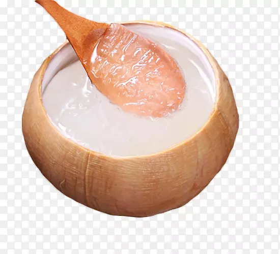 椰子明胶甜点盘-从椰子壳中舀出椰子果冻