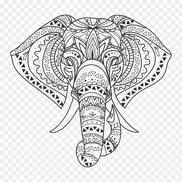 墙上贴标的大象素描-菲律宾象的黑白线画