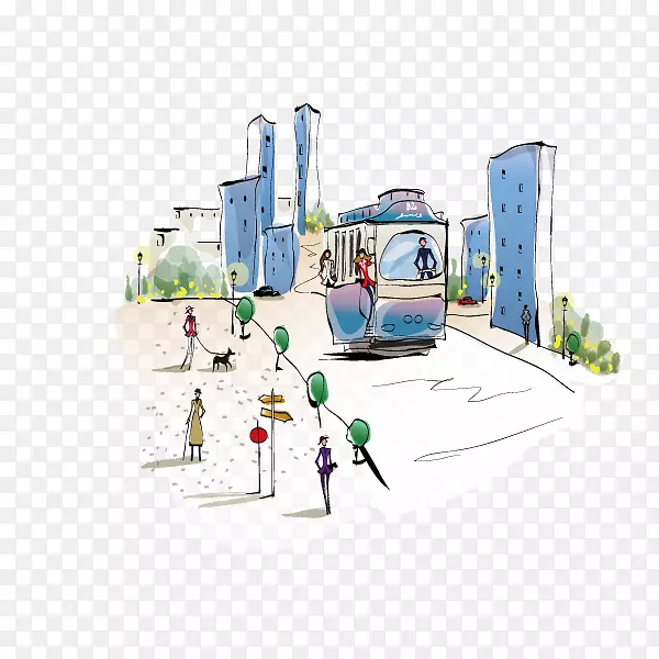建筑插图.手绘城市建筑，插图，手绘，城市街道，公共汽车