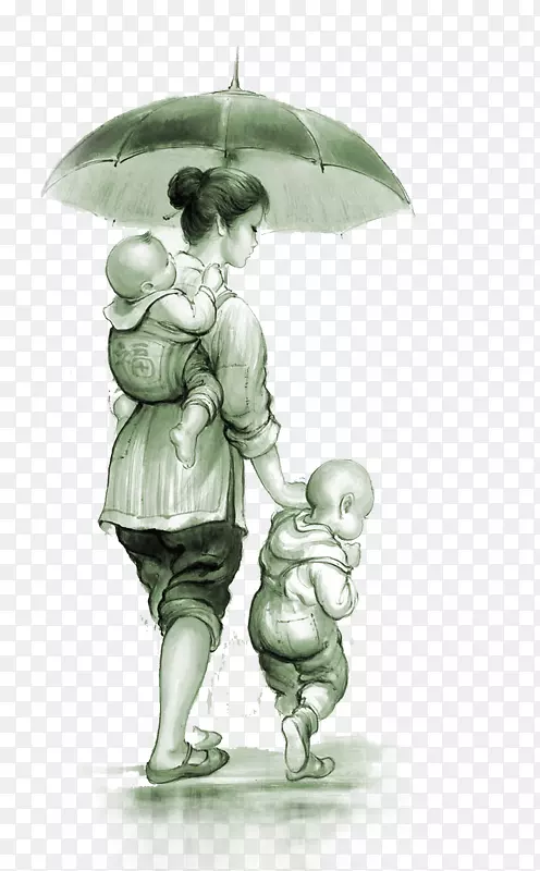 感谢父母母亲的孩子-雨中抱着孩子和孩子的女人