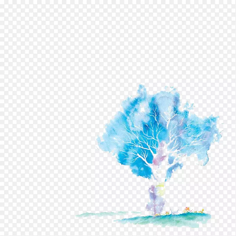 橡树水彩画插图-蓝色树木图片材料