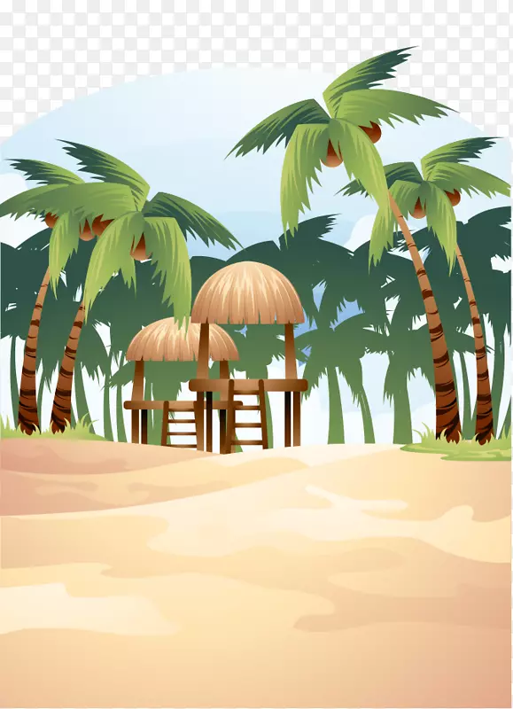沙滩剪贴画-棕榈滩卡通画木屋