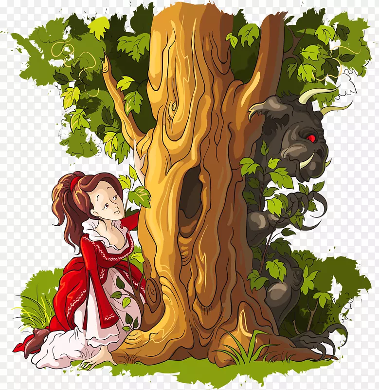 维伦纽夫夫人原来的美丽与野兽-由爱德华·科布尔德和达尔齐尔兄弟所作的插图-怪物背后的树。