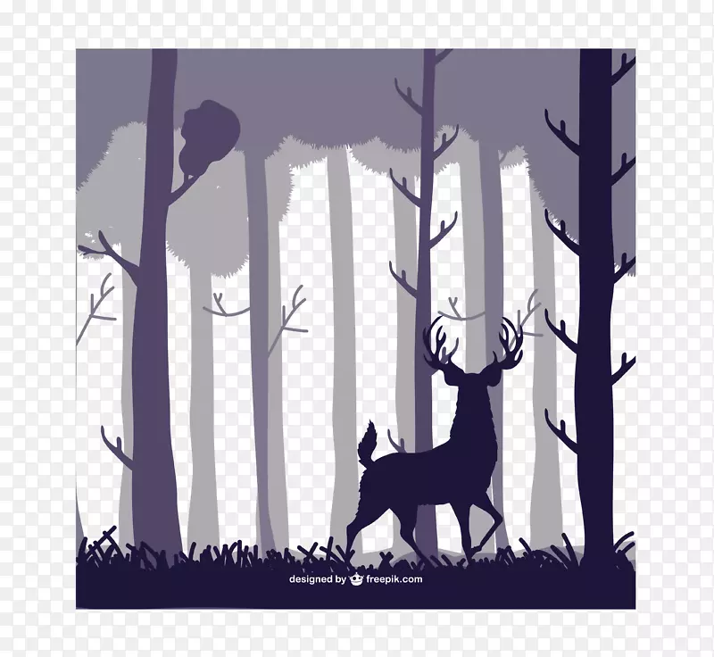 鹿林剪影插图-森林树木，鹿，剪影插图