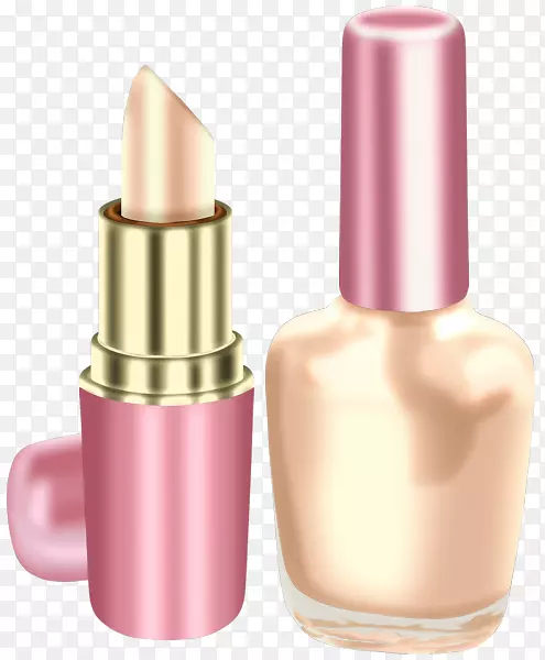 指甲油唇膏化妆品-甜风粉红紫色唇膏和金色指甲油瓶