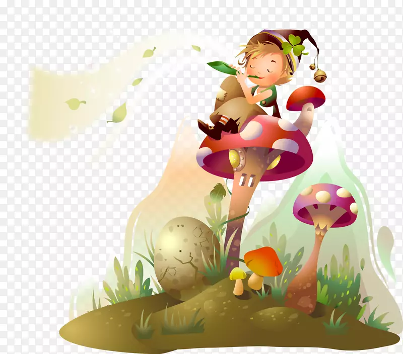 童话壁纸-蘑菇屋顶吹的音乐男孩插图