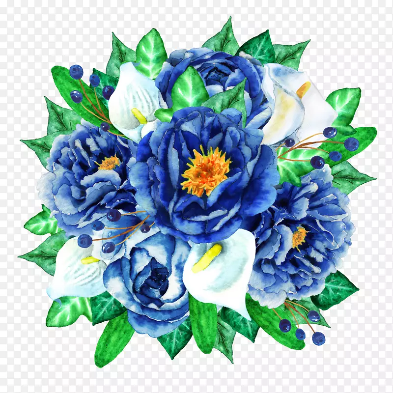 水彩画花卉花束剪贴画蓝色花束