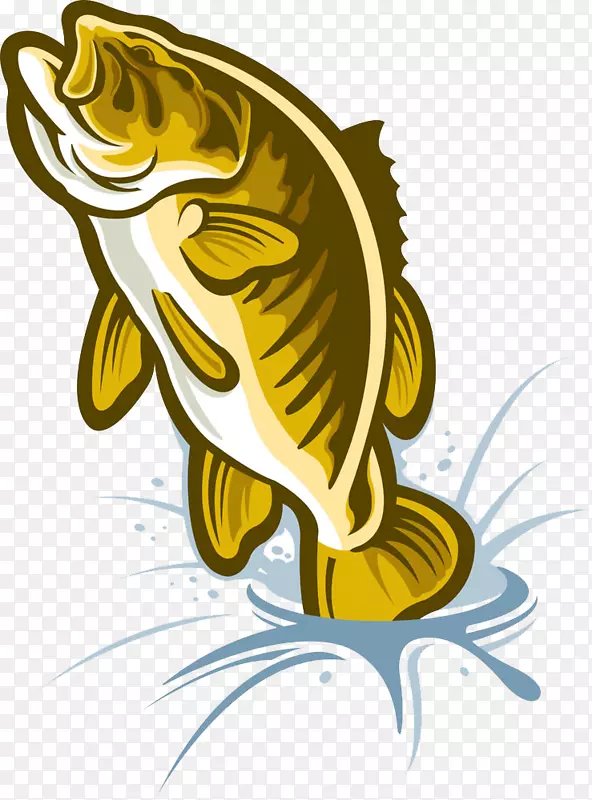 卡通大嘴鲈鱼插图-黄色鱼从水中跳跃