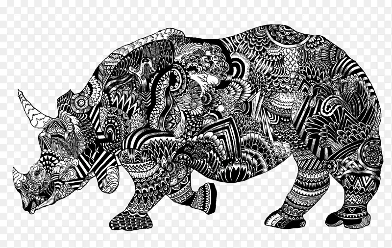 犀牛黑白视觉艺术插图-中式黑白犀牛装饰品