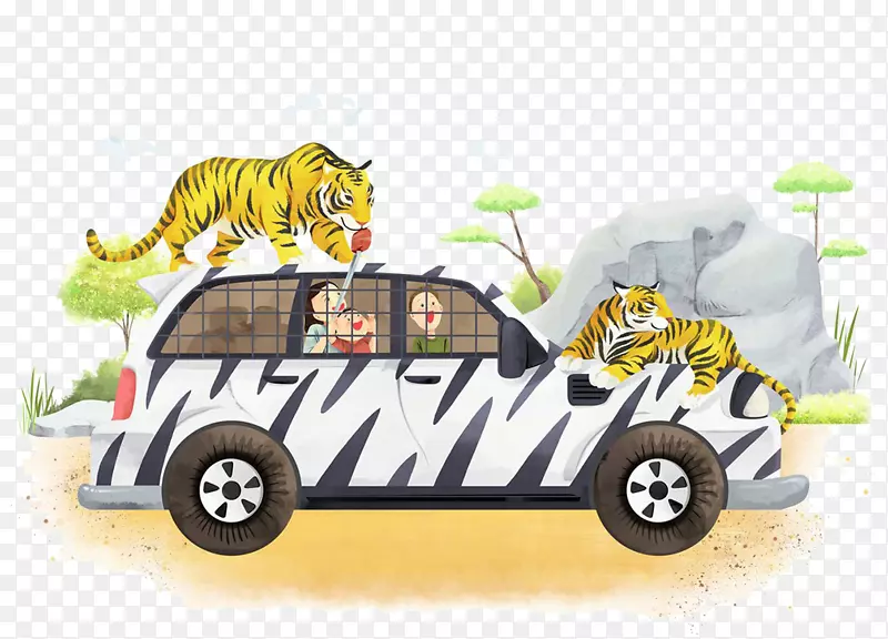 老虎卡通插图-老虎和汽车