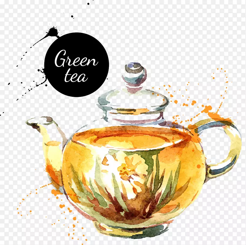 水彩画-免费茶壶-手绘绿茶壶