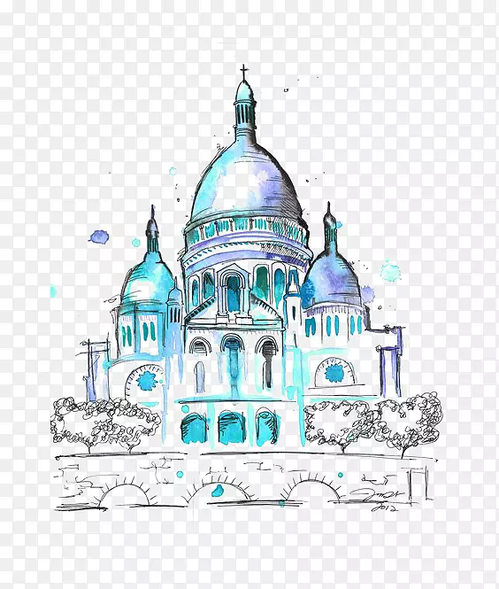圣餐9-cu0153 ur，巴黎蒙马特水彩画教堂插图-城堡