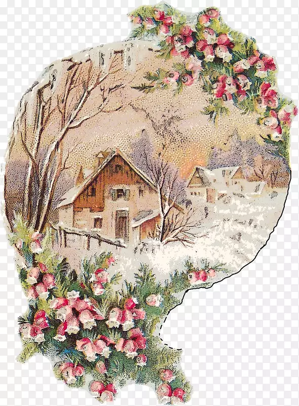 花卉设计圣诞卡片冬季插画-冬季小镇