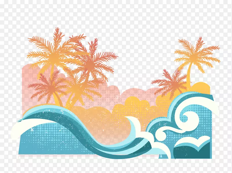 海滩平面设计夏季插画-波浪海滩