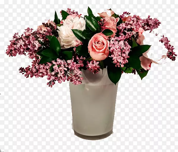 牡丹、玫瑰、紫丁香-一只装满鲜花的花瓶。