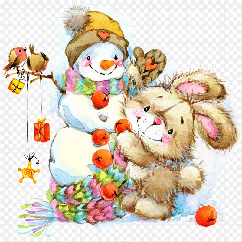 圣诞老人圣诞装饰圣诞树插图-兔子雪人