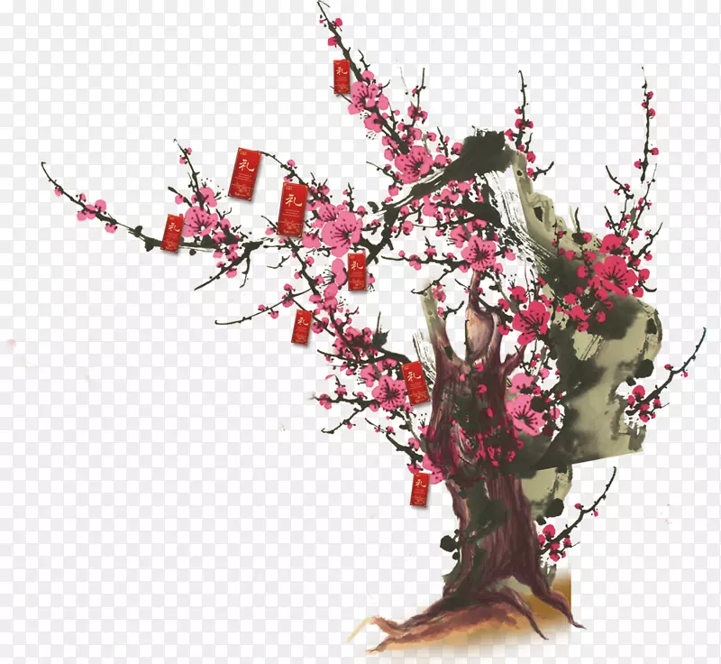 新年海报彩信-美丽的桃花红喜鹊