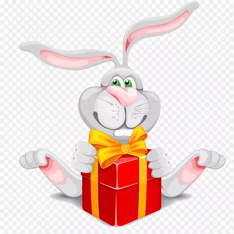 兔子卡通-长耳兔子拿着礼物盒材料