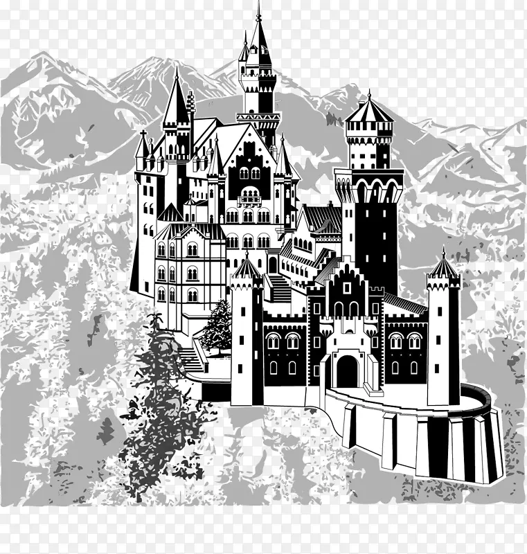 纽斯万斯坦城堡地板城堡黑色和白色手绘城堡