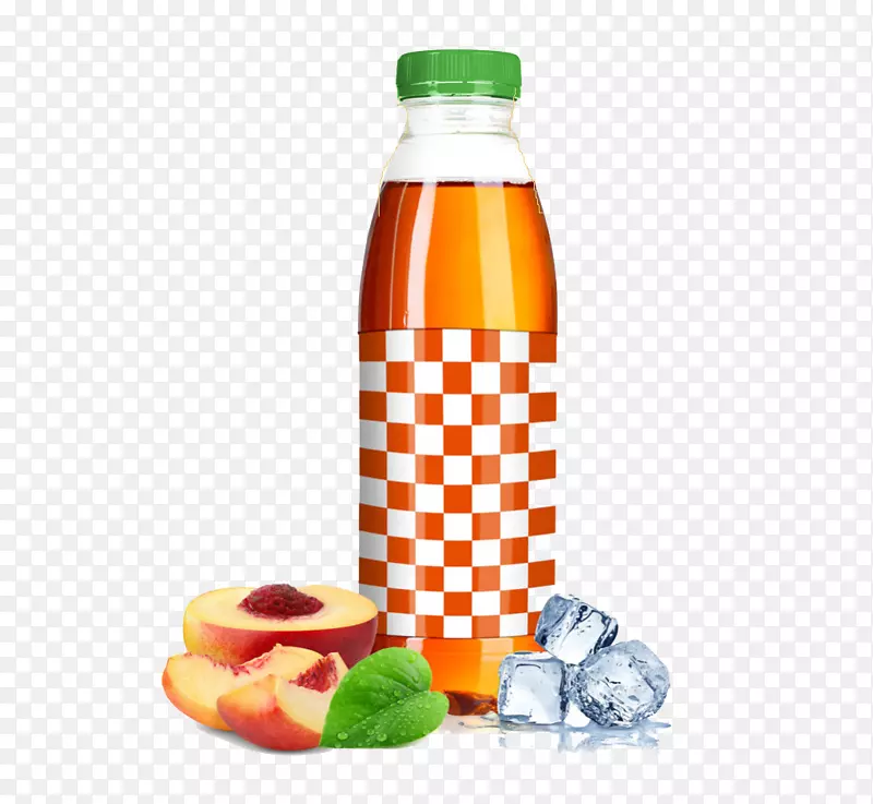 果汁瓶饮料.玻璃瓶中的桃子汁