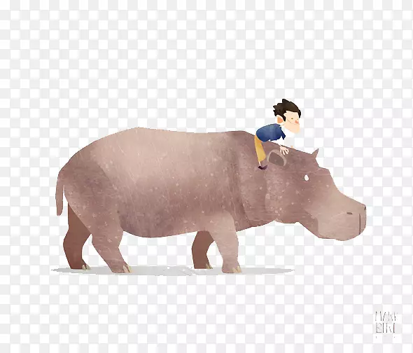 河马，犀牛，纸印刷插图-骑着犀牛的男孩