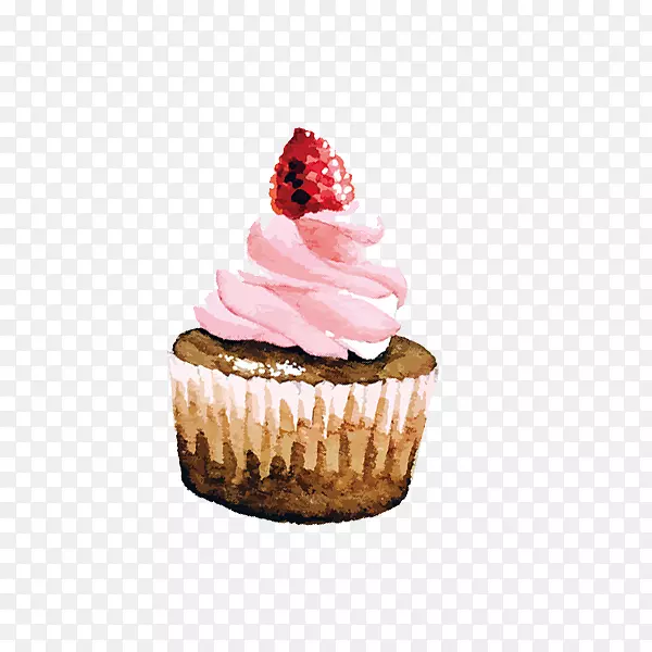 纸杯蛋糕草莓奶油蛋糕生日蛋糕水彩画草莓蛋糕