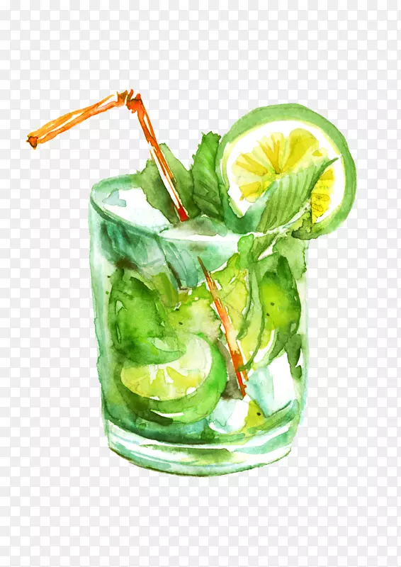 Mojito果汁鸡尾酒caipirinha绘图.手绘柠檬汁